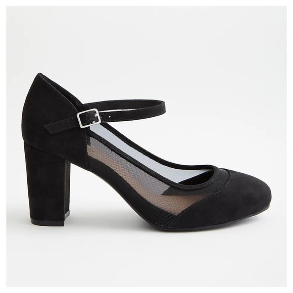 Black Faux Suede Mary Jane Mesh Heel (WW) - Picture 3 of 4
